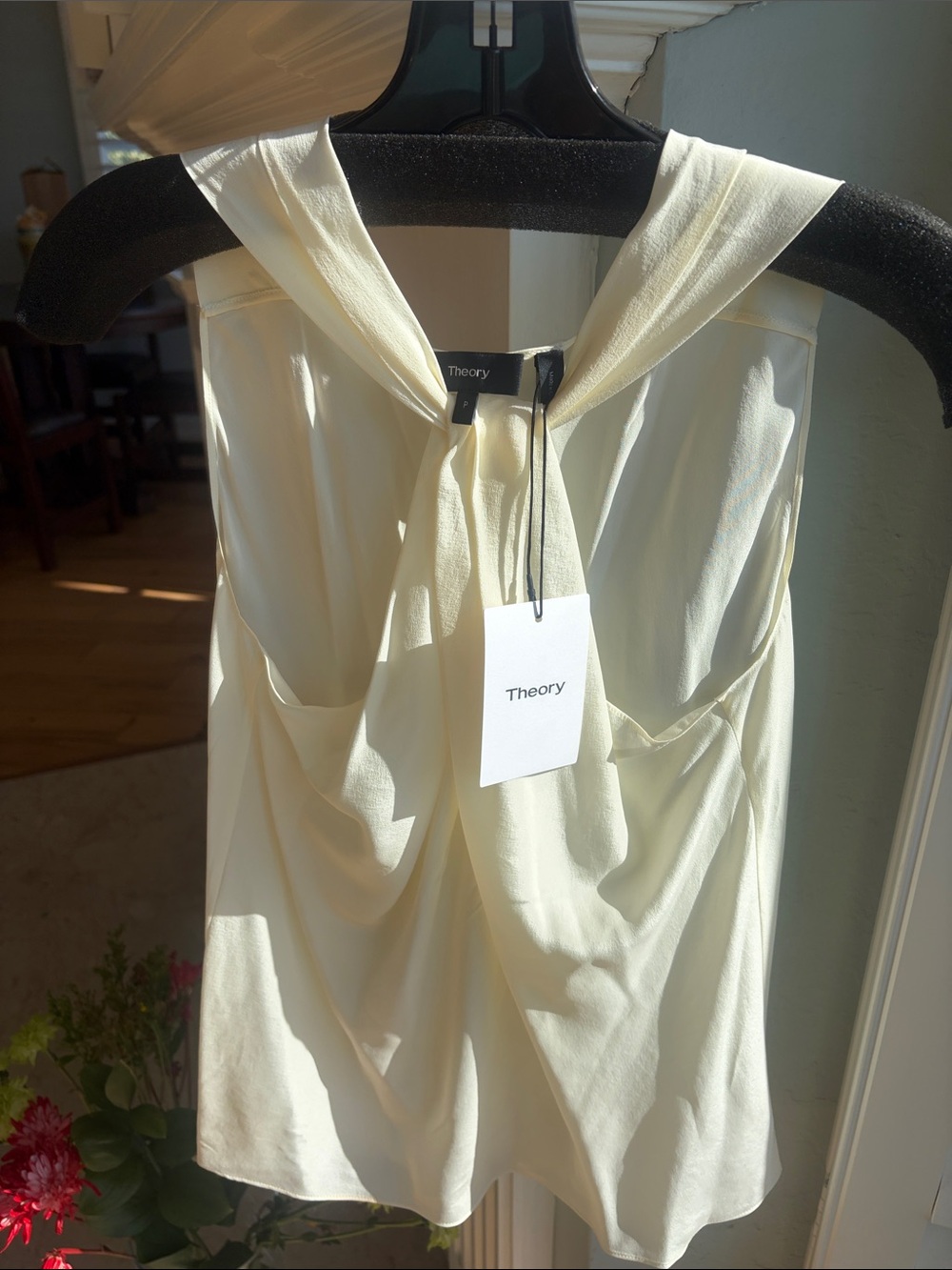 Theory Silk Ivory Sleeveless Twist-Front Top